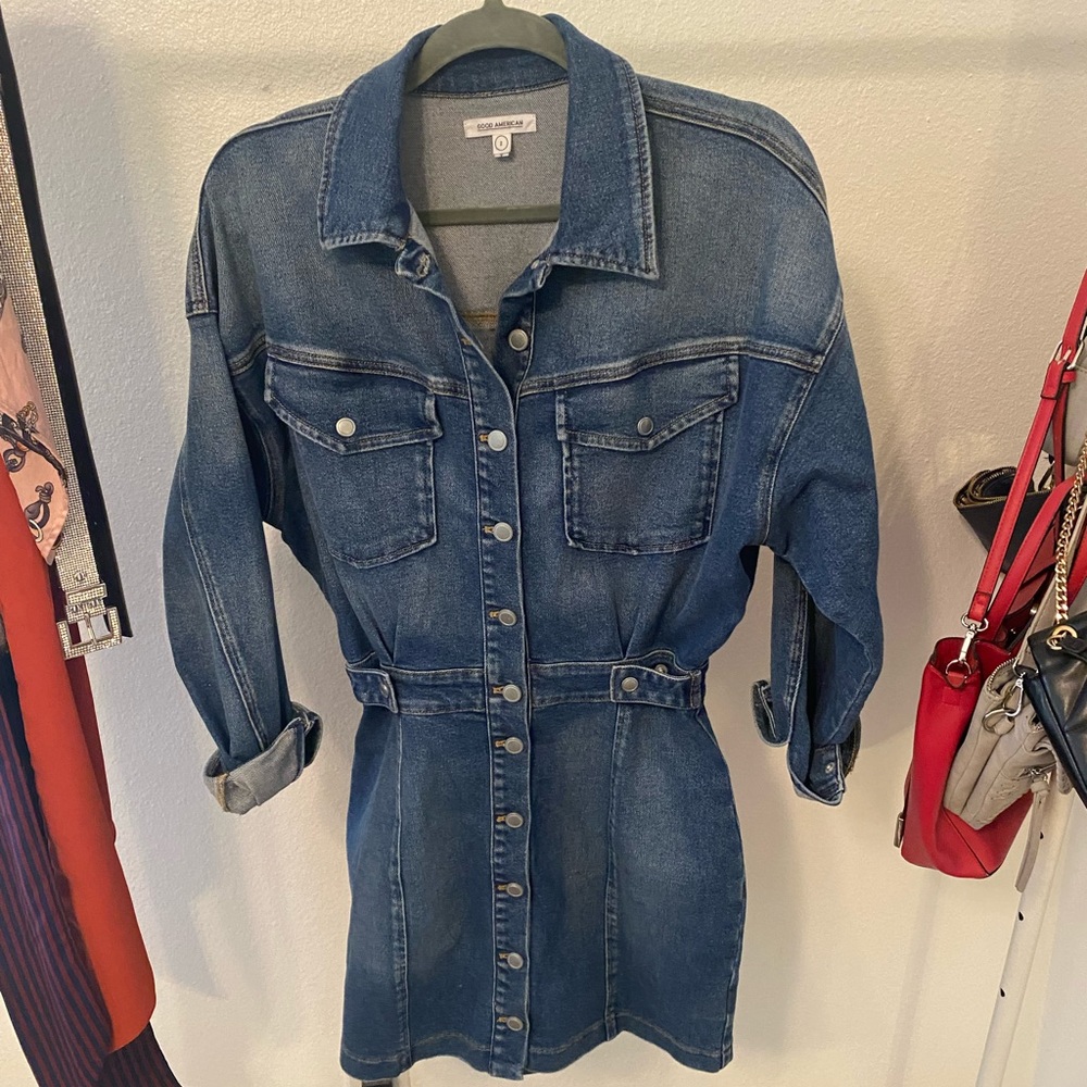 Good American Blue Denim Long Sleeve Shirt Dress